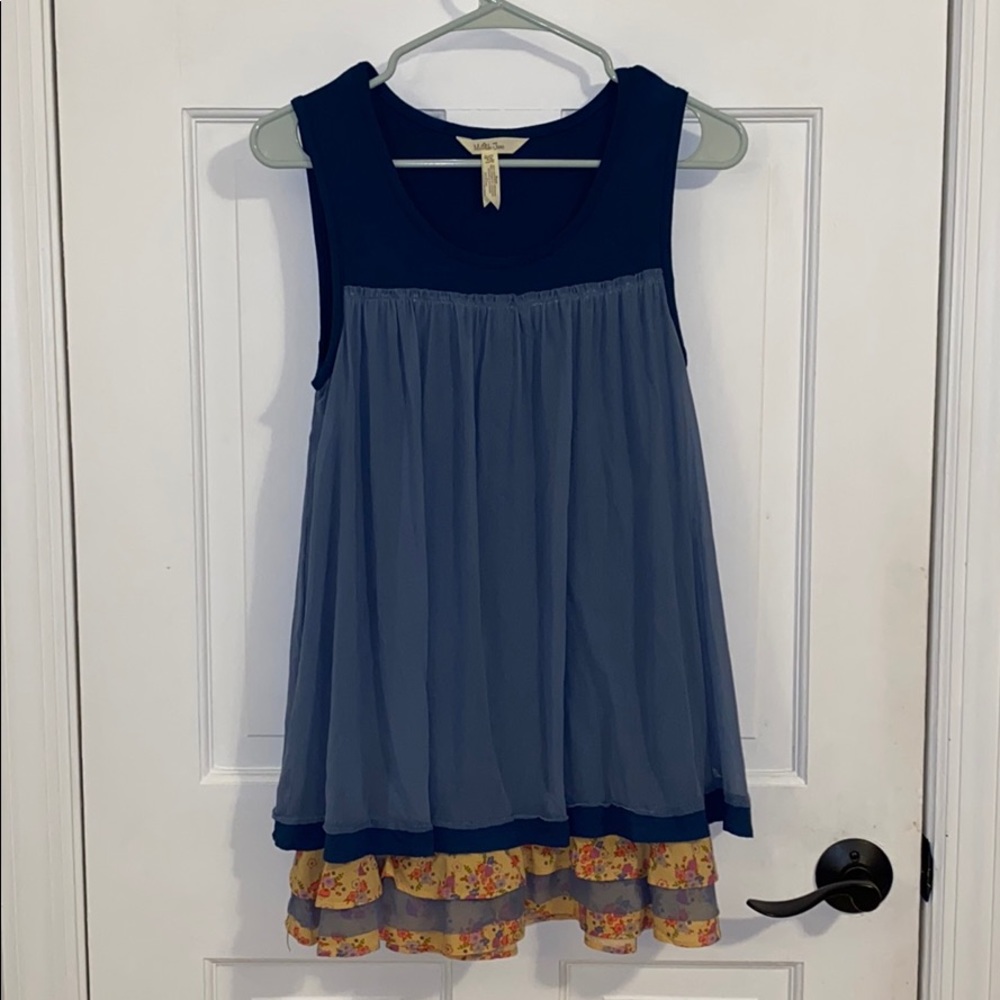 Blue/Teal Tunic with Tulle & Yellow Floral Ruffle